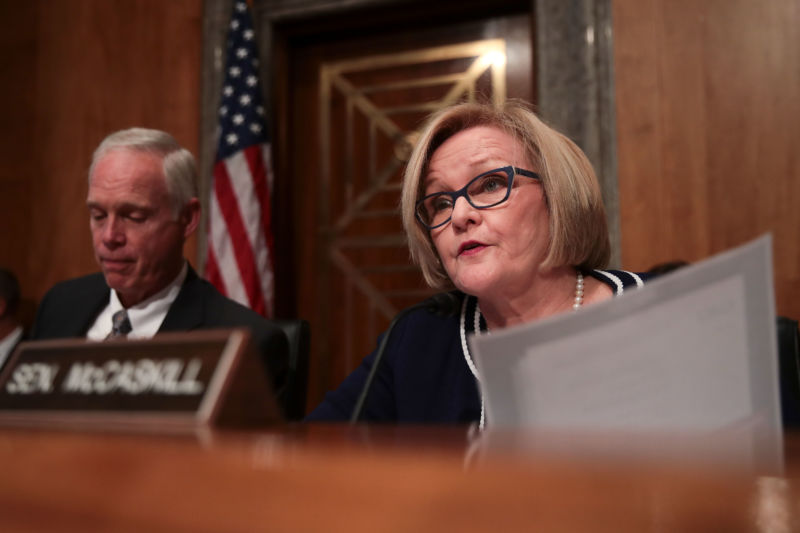 Sen. Claire McCaskill (D-MO) questions witnesses during a Senate Committee on Homeland Security and Governmental Affairs hearing concerning threats to the homeland, September 27, 2017 in Washington, DC. 