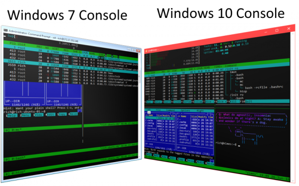 The Windows 7 console didn't support VT codes, so it completely garbles the output of applications that depend on VT codes. The Windows 10 console, however, does support VT codes, making it much more capable.