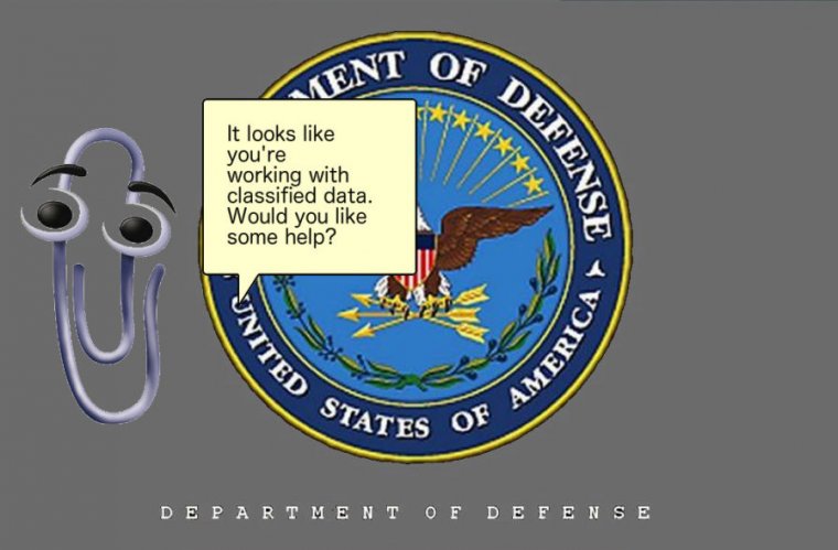 Image of Clippy superimposed on Department of Defense logo