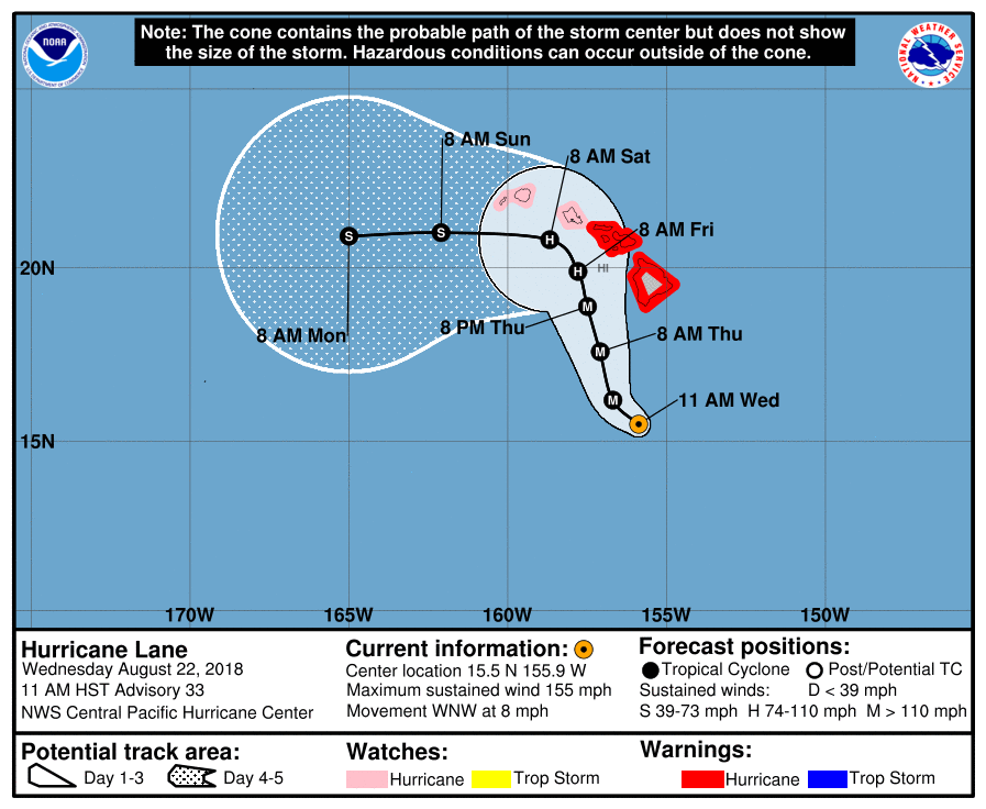 Hurricane Lane official forecast track as of 5pm CT on Wednesday. (NOAA)