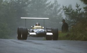 Jo Siffert of Switzerland sits aboard the #16 Rob Walker Racing Team Lotus 49B Cosworth V8 during the German Grand Prix on 4th August 1968 at the Nurburgring near Nurburg, Germany.
