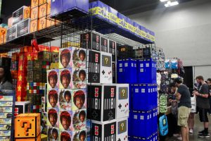 Display of video game cardboard boxes for sale.