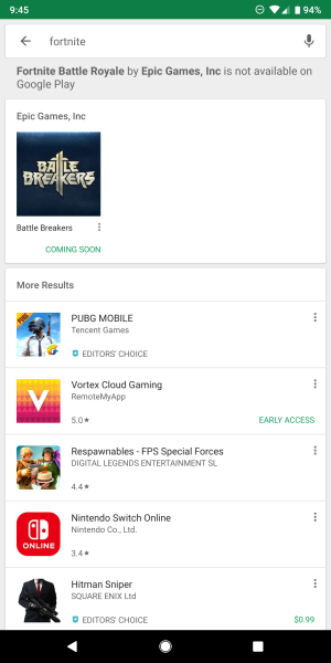 google play warns searchers that fortnite is not available - fortnite google play release date