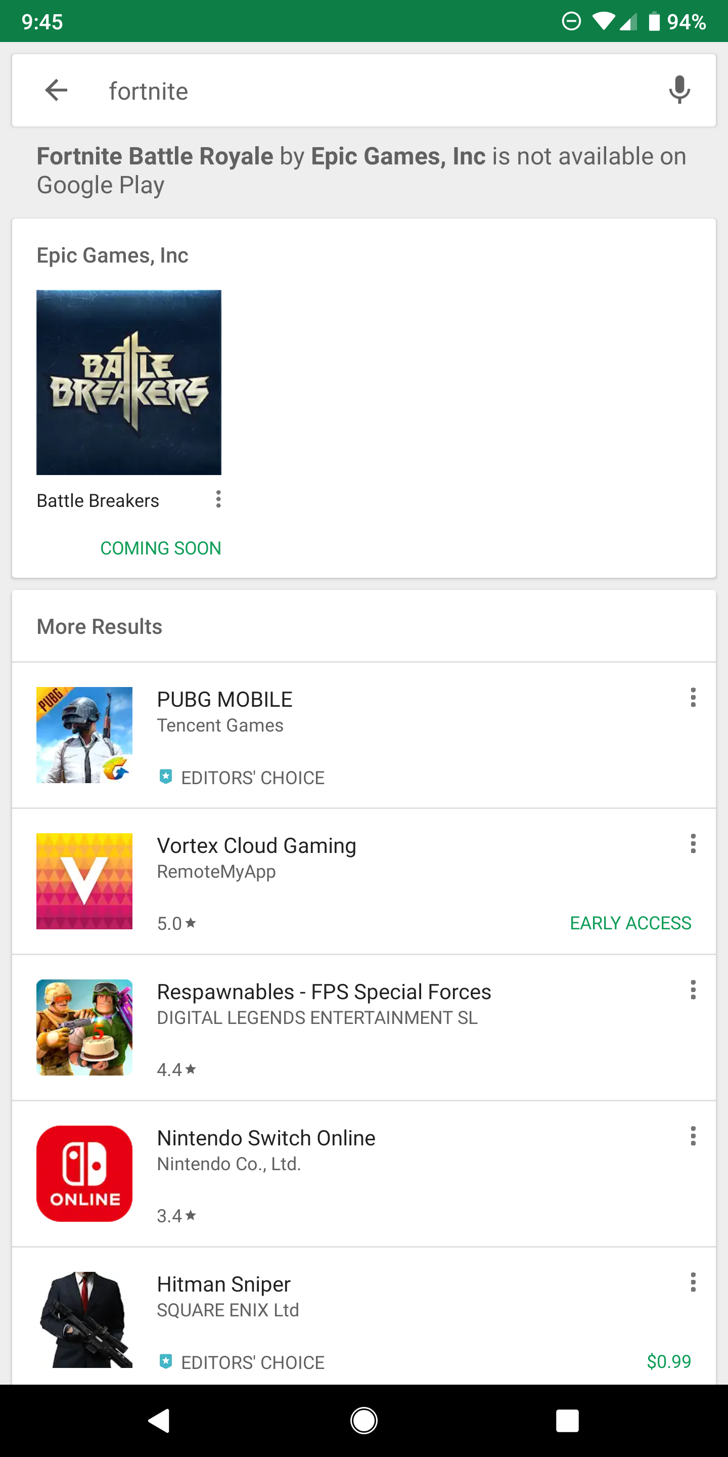 Google Play warns searchers that Fortnite is not available