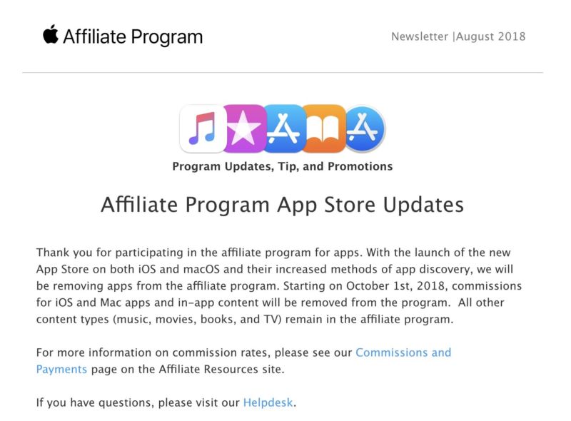 The note sent to affiliate program members letting them know a major source of revenue will be going away.