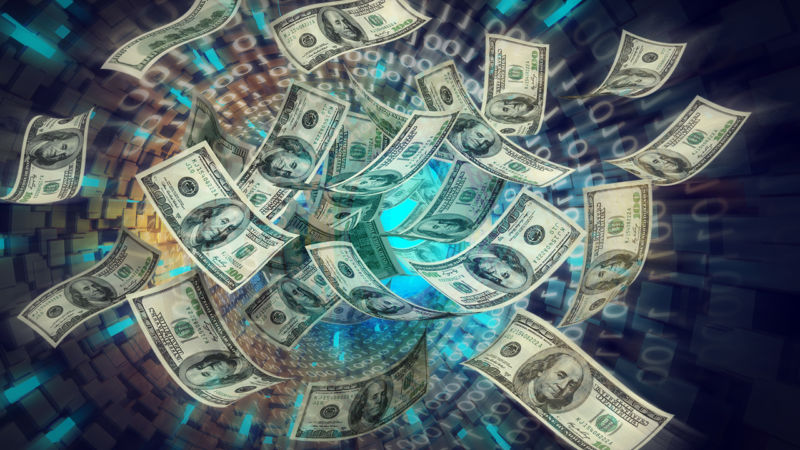 Illustration of $  100-dollar bills being sucked into a broadband network.