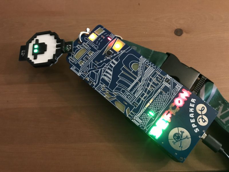 My DEF CON badge, complete with add-on from the DC801 crew, built by @kL34N and @SirGed. My puzzle quest is far from complete—it may require reprogramming and flipping a component.