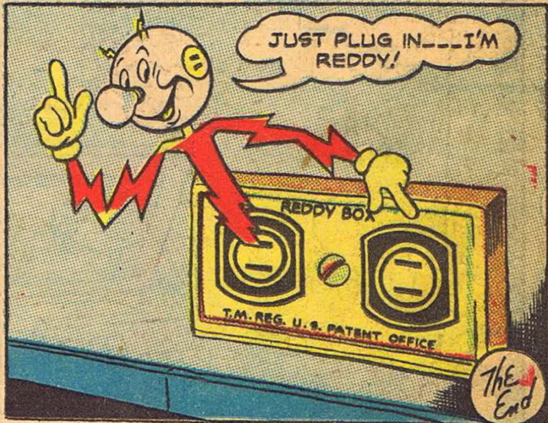 Comic-book panel featuring an anthropomorphized electrical current.