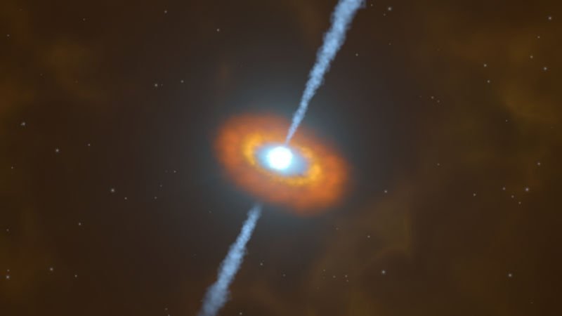 Image of two jets of material being shot out by a compact object.