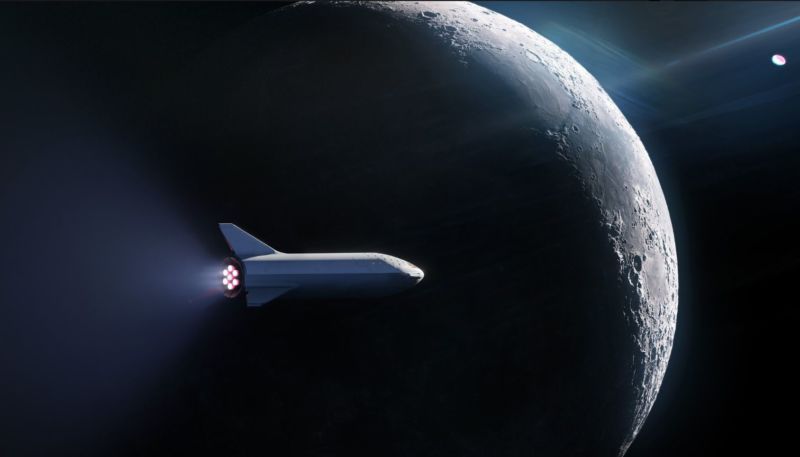 Concept illustration of the Big Falcon Spaceship flying around the Moon.