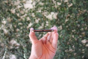 The bottom of the iPhone XS, with the lightning port, microphone, and a speaker.