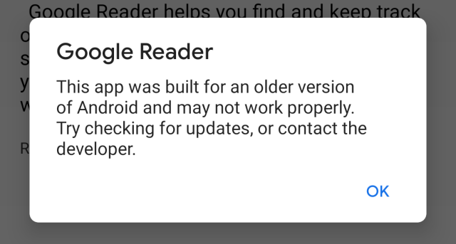 Old Android apps will now get this pop-up warning on first launch.