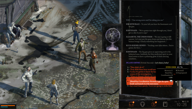 Everything in the excellent RPG <em>Disco Elysium</em>—from basic chats to melee encounters—hinges on dialogue and on D&D-like dice rolls.