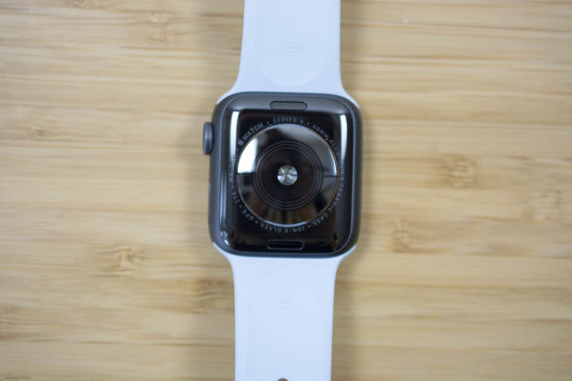 The underside of the Apple Watch Series 4 has an electrode circle for measuring ECG readings, in addition to the optical heart rate monitor.