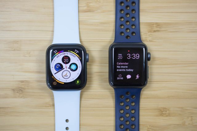 A 40mm Apple Watch Series 4 next to a 38mm Apple Watch Series 3.