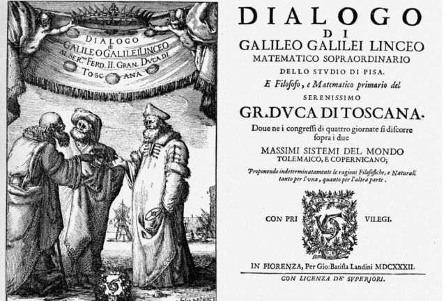 Frontispiece and title page of the Galileo’s “Dialogue Concerning the Two Chief World Systems,” 1632.