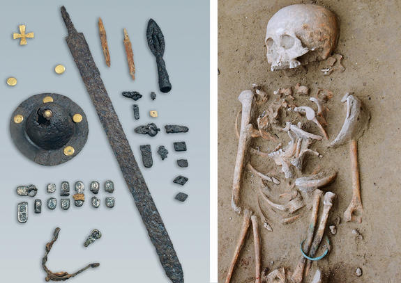 Two-sided image. At left, grave goods; at right, a skeleton.