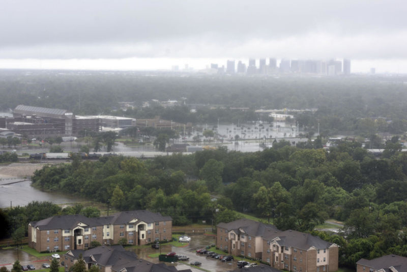 Houston skyline during Hurricane Harvey.