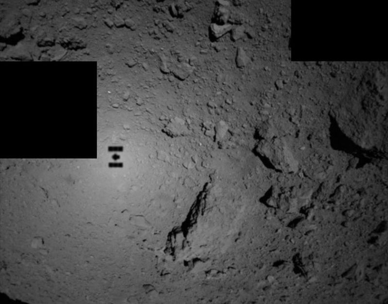 The Hayabusa2 spacecraft spies its shadow as it descended toward Ryugu to deploy two small rovers.