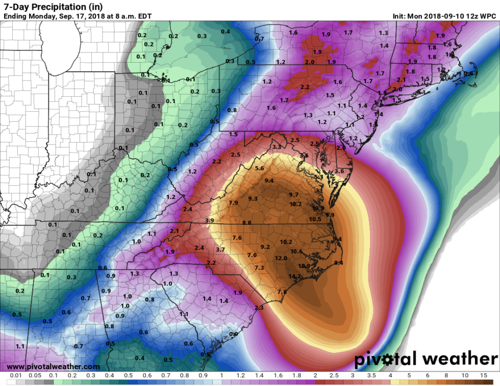 NOAA seven-day rain forecast.  In any case, this forecast underestimates the risk of pockets of more than 20 centimeters of rain from Florence.