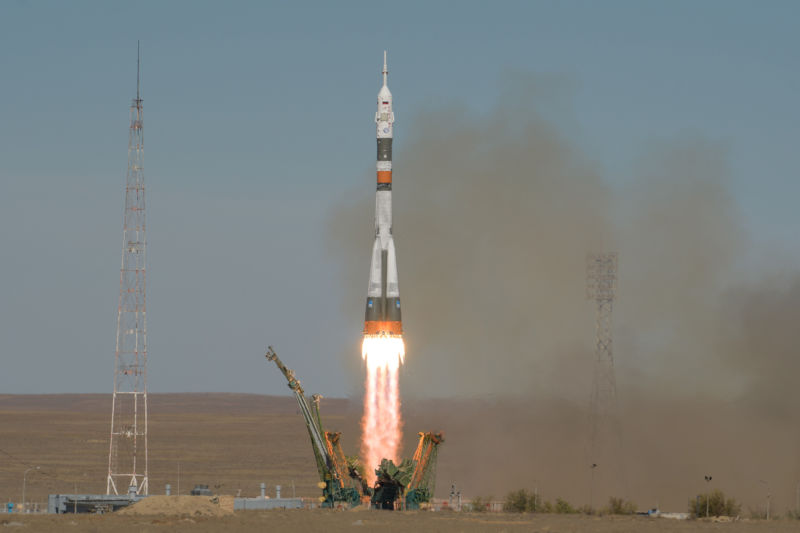 A Soyuz rocket launches with Expedition 57 Flight Engineer Nick Hague of NASA and Flight Engineer Alexey Ovchinin of Roscosmos, Thursday, October 11, 2018.