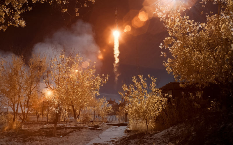 The Soyuz MS-10 spacecraft is seen in this false-color infrared image as it launched with Expedition 57 Flight Engineer Nick Hague of NASA and Flight Engineer Alexey Ovchinin of Roscosmos, on Thursday, October 11, 2018. 