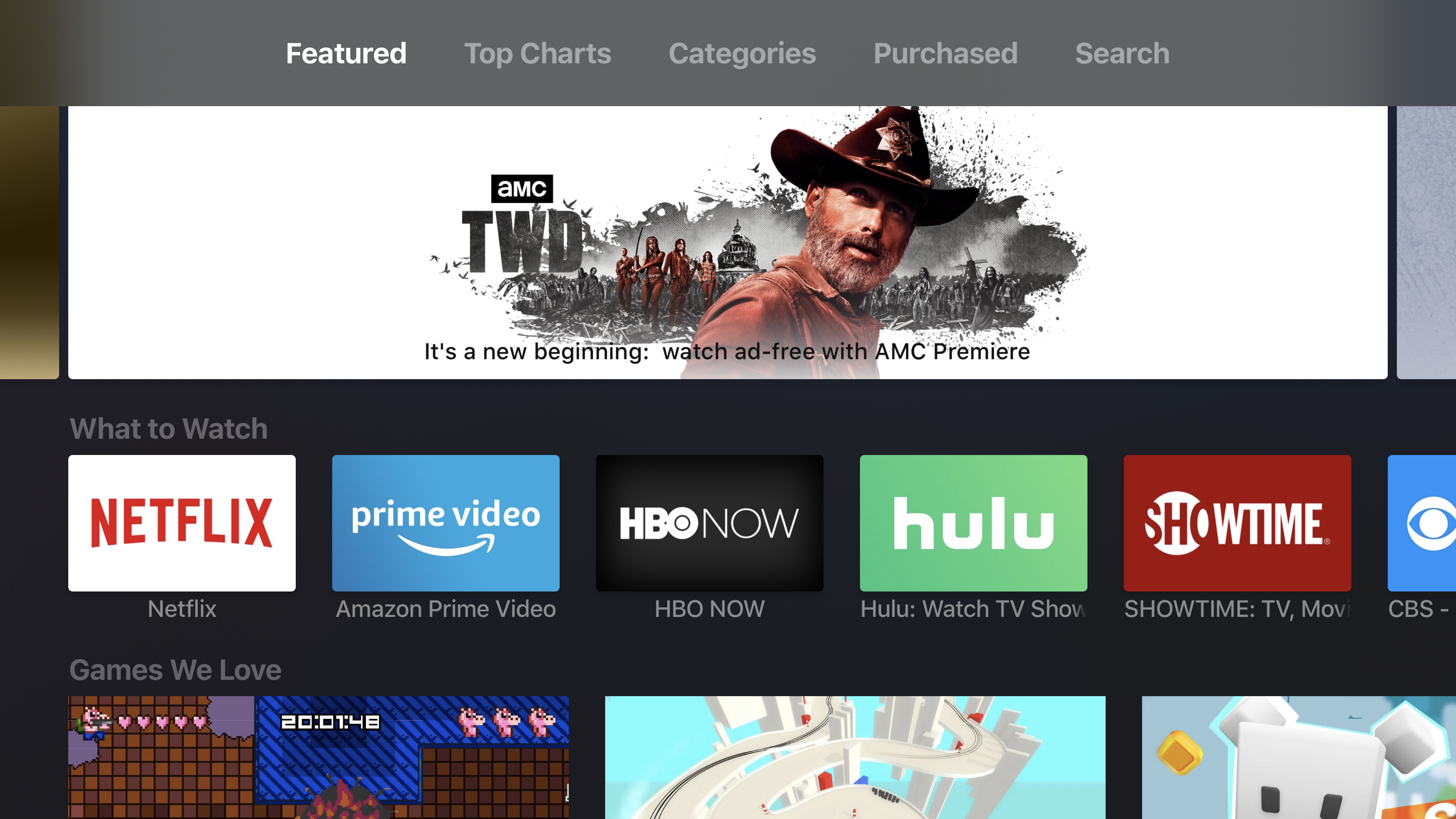 The front page of the Apple TV App Store.