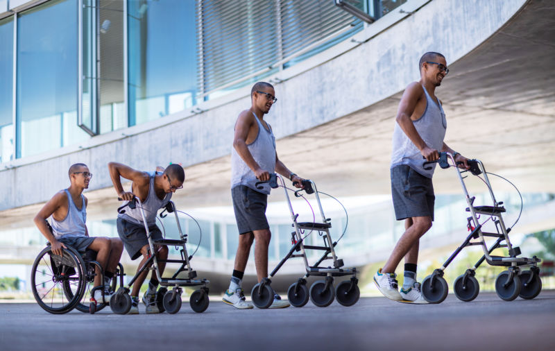 Multiple combined images of a man starting out in a wheelchair progressing to using a wheeled walker.