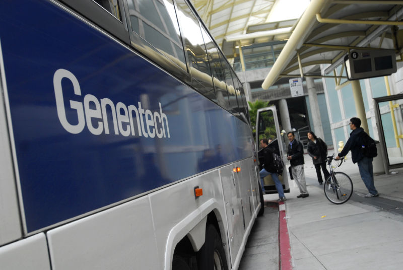 The Genentech shuttle makes its stop at the BART-Caltrain station in Millbrae, Calif., on Tuesday, Dec. 15, 2009.