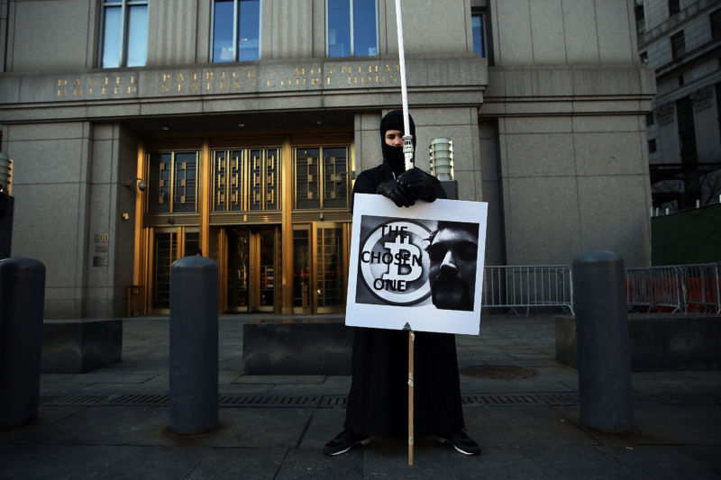 Max Dickstein stands with other supporters of Ross Ulbricht, the alleged creator and operator of the Silk Road underground market, in front of a Manhattan federal court house on the first day of jury selection for his trial on January 13, 2015 in New York City.