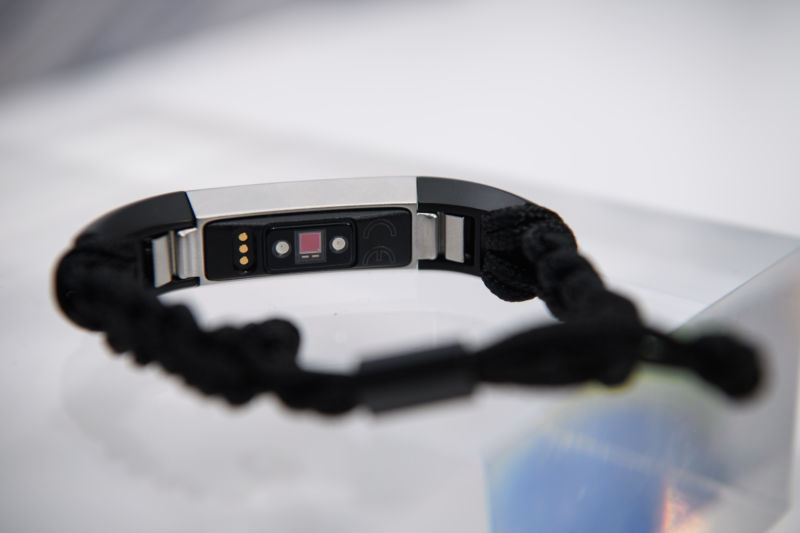 Close-up view of the lower side of the Fitbit Alta HR, which tracks users' heart rate