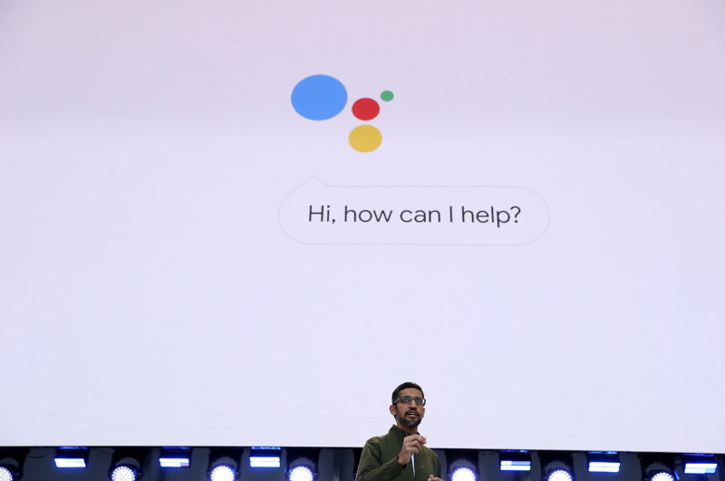 Google CEO Sundar Pichai delivers the keynote address at the Google I/O 2018 Conference at Shoreline Amphitheater  on May 8, 2018 in Mountain View, California. 