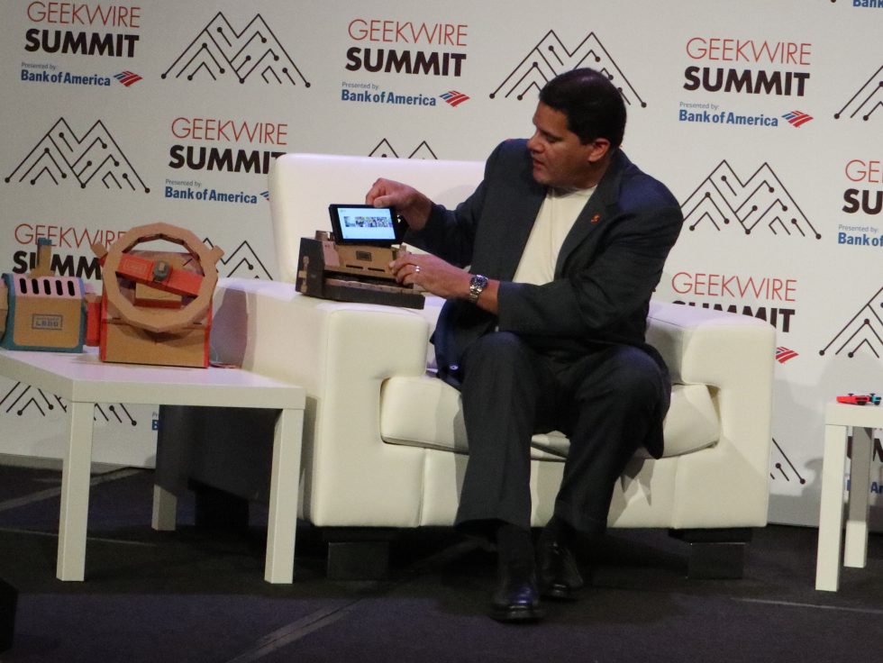 Nintendo of America President and COO Reggie Fils-Aime demonstrates how Switch hardware fits into Nintendo Labo's cardboard playsets. He didn't take the opportunity to reveal any specific sales data about the add-on series.