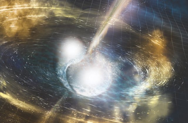 Artist's illustration of two merging neutron stars detected by the LIGO collaboration in August 2017. 