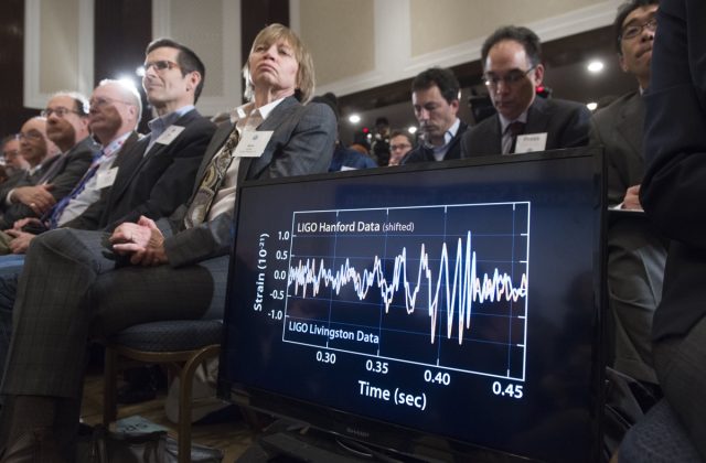 LIGO's February 11, 2016, press conference in Washington, DC, when its team announced the first direct detection of gravitational waves.