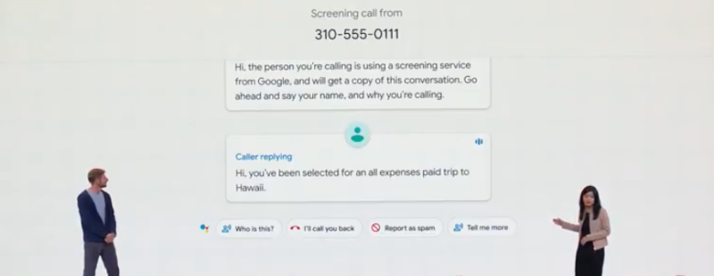 Google Call Screening sample image shows the kinds of replies your assistant can speak out loud—unless you just choose to hang up and report a call as spam.