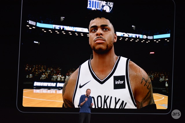 Close-up zoom on D'Angelo Russell to showcase the iPad Pro's graphics capability (2K promises up to 60FPS gameplay)