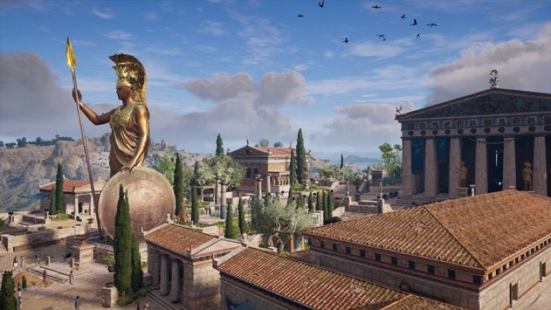 Het uitzicht op de Atheense Akropolis in <em>Assassin’s Creed: Odyssey</em> shows ancient Greece in all its colorful glory.”/><figcaption class=