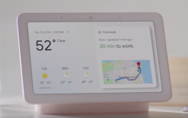 The Google Home Hub screen showing weather and directions.