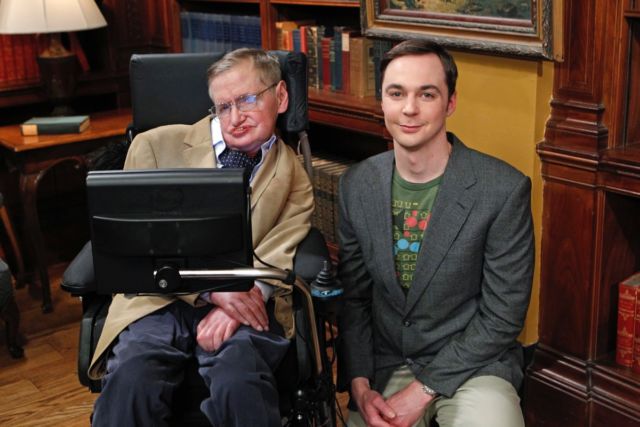 When not stumping physicists with paradoxes, Hawking liked to make cameos on popular TV shows. Here he is on the set of <em>The Big Bang Theory</em> with Sheldon Cooper (Jim Parsons).