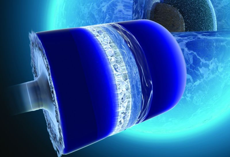Artistic rendering of a shock wave experiment on water, used to form exotic ice VII in the laboratory, against the backdrop of a hypothetical ocean world.