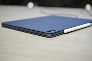 The iPad Pro in the keyboard cover.
