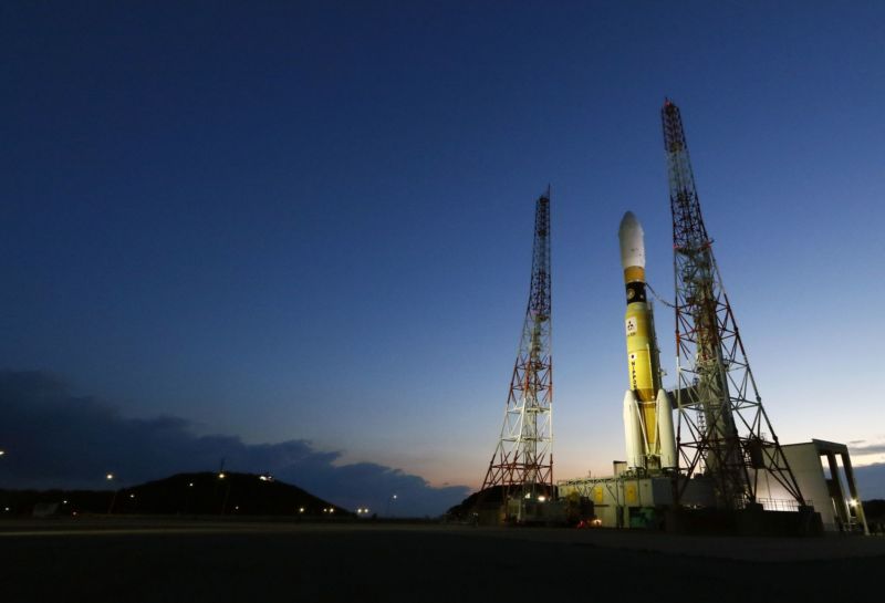 An H-2B rocket is moved from the Vehicle Assembly Building to Launch Pad 2 at the Tanegashima facility in southern Japan.
