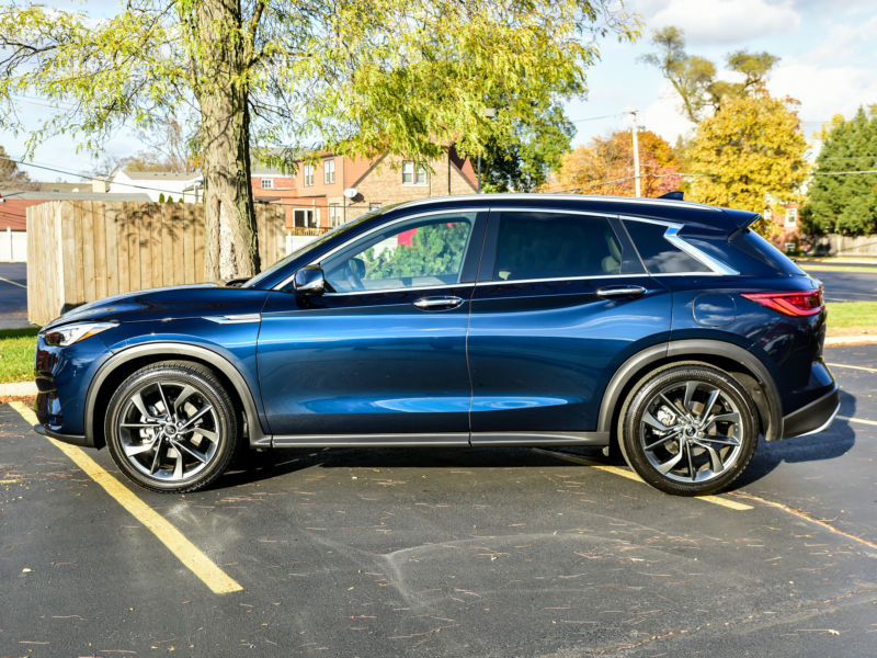 The Infiniti QX50 in Hermosa Blue.