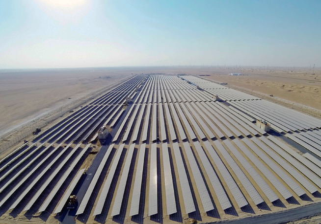 Solar panels in a row in the desert