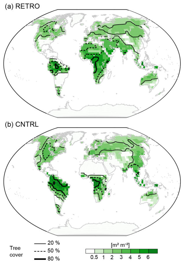 Forest density with the Earth spinning normally (bottom) and backward, or "retrograde" (top).