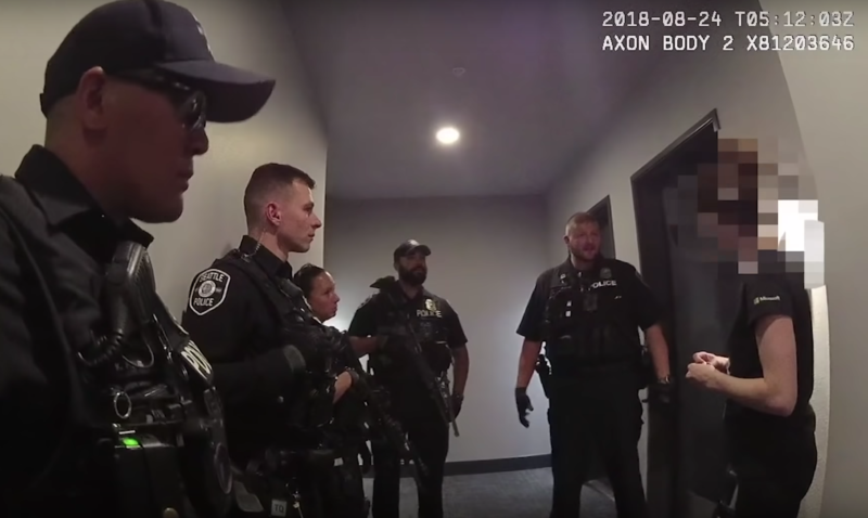 Body-cam video taken from an apparent Seattle police response to a hoax hostage-situation report.
