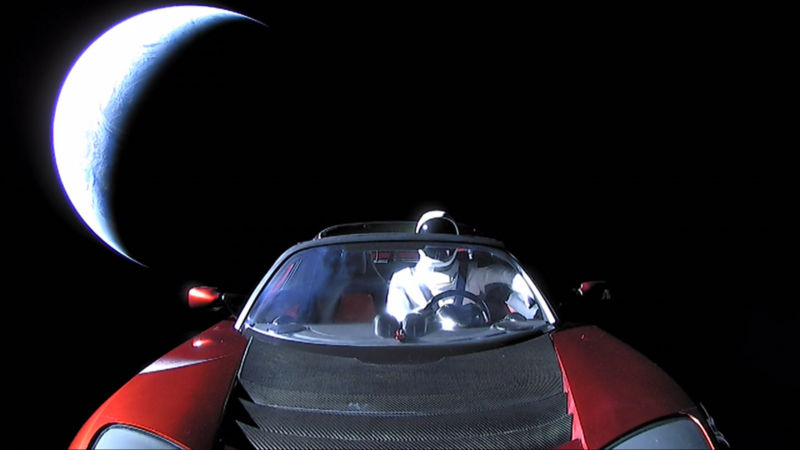 A launch-day photo of Starman leaving Earth's orbit.