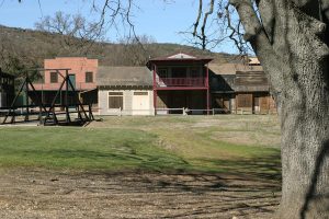 This building with a red balcony is one of the buildings in Western Town at Paramount Ranch that are presumed destroyed.