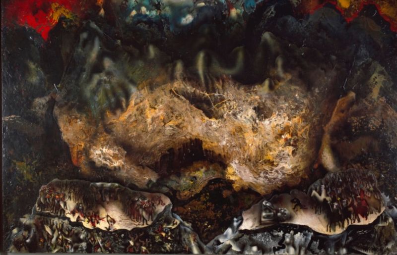 <em>Collective Suicide</em> (1936), by Mexican muralist David A. Siqueiros, is an example of the "accidental painting" technique developed by the artist.